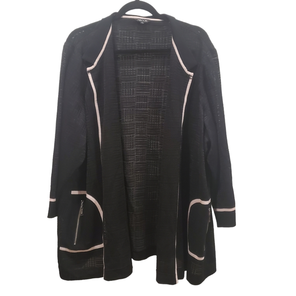 Misook Women's Size 3X Black & Pink Trim Line Knit Jacket 3/4 Sleeve Open Front